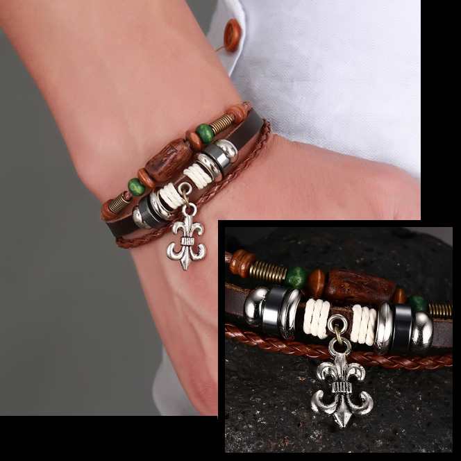 brown leather bracelet for men, fleur de lis charm brown leather bracelet for men, fleur de lis charm