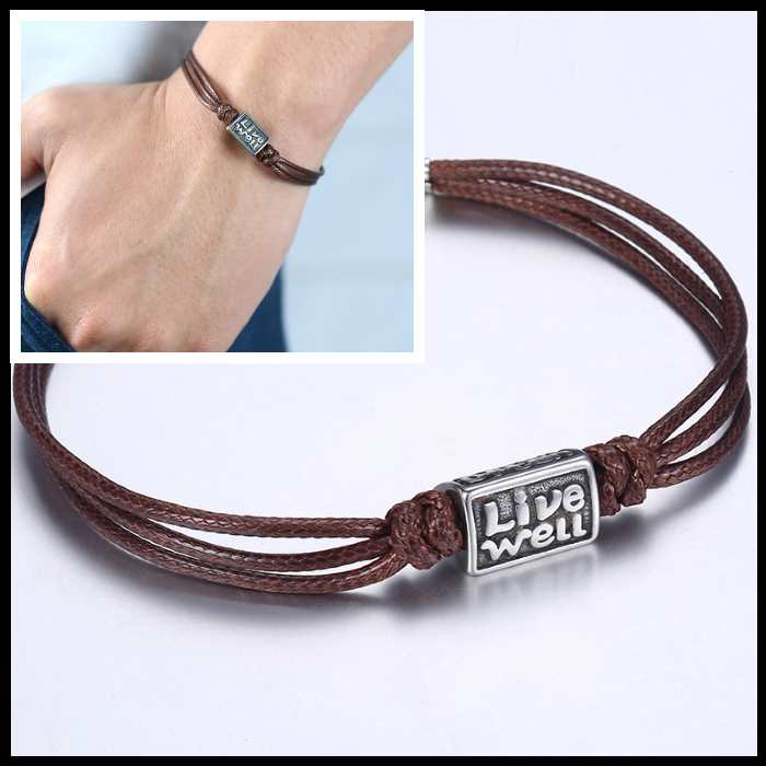 Men's Brown Leather Bracelet- Laugh Often, Live Well Charm Men's Brown Leather Bracelet- Laugh Often, Live Well Charm