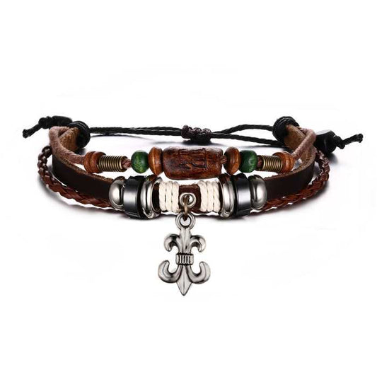 Men's Leather Bracelet , fleur de lis charm