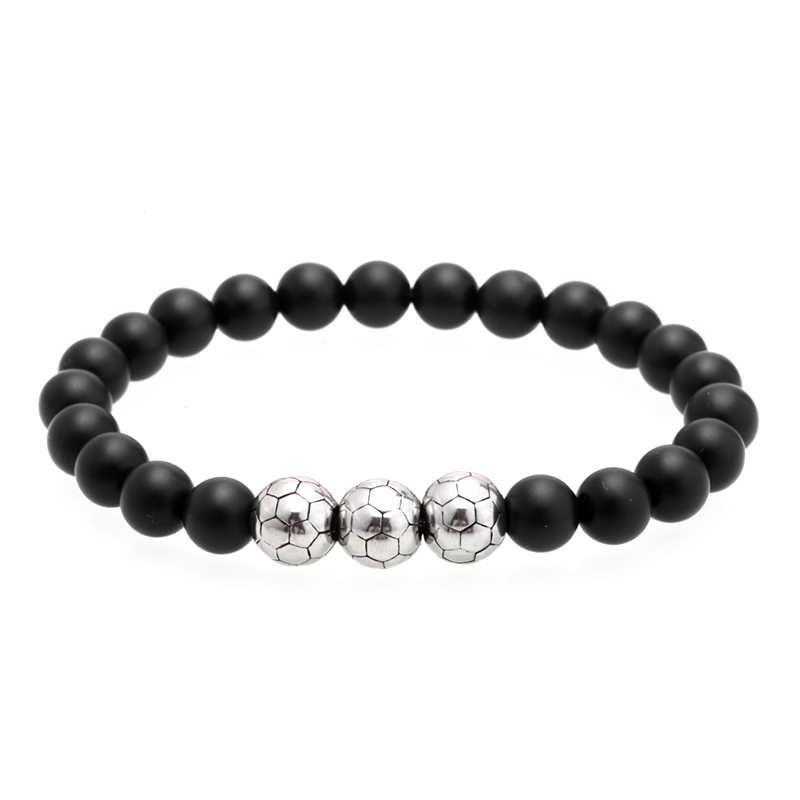 Soccer Ball Silver Beads Bracelet- Black Beads Bracelet
