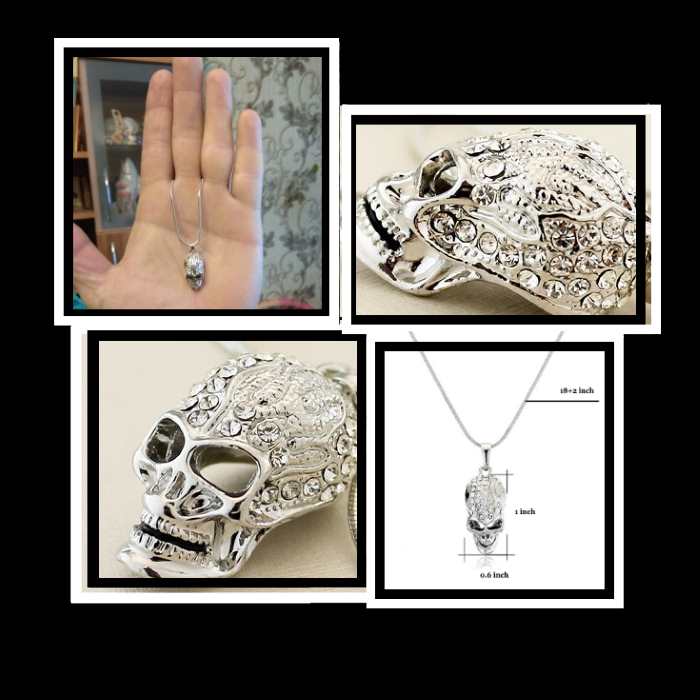 silver crystal skull pendant necklace-unisex men women