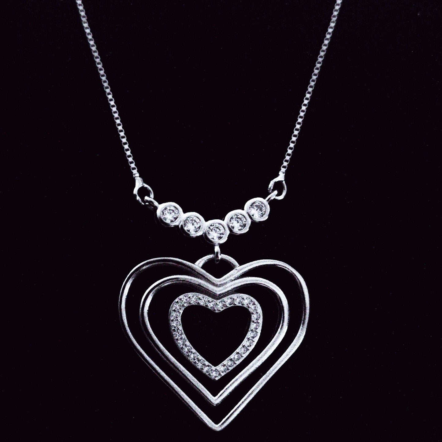 Sterling Silver Three Heart Necklace with Cubic Zirconia | 3 Heart Pendant
