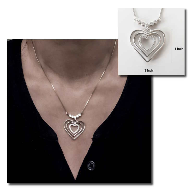 Sterling Silver Three Heart Necklace with Cubic Zirconia | 3 Heart Pendant