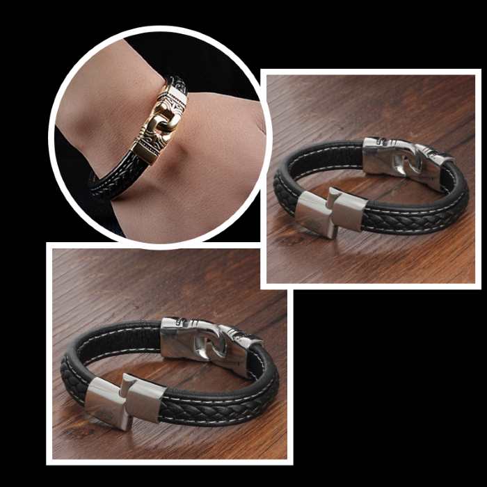Black Leather Bracelet With Interlocking Circles