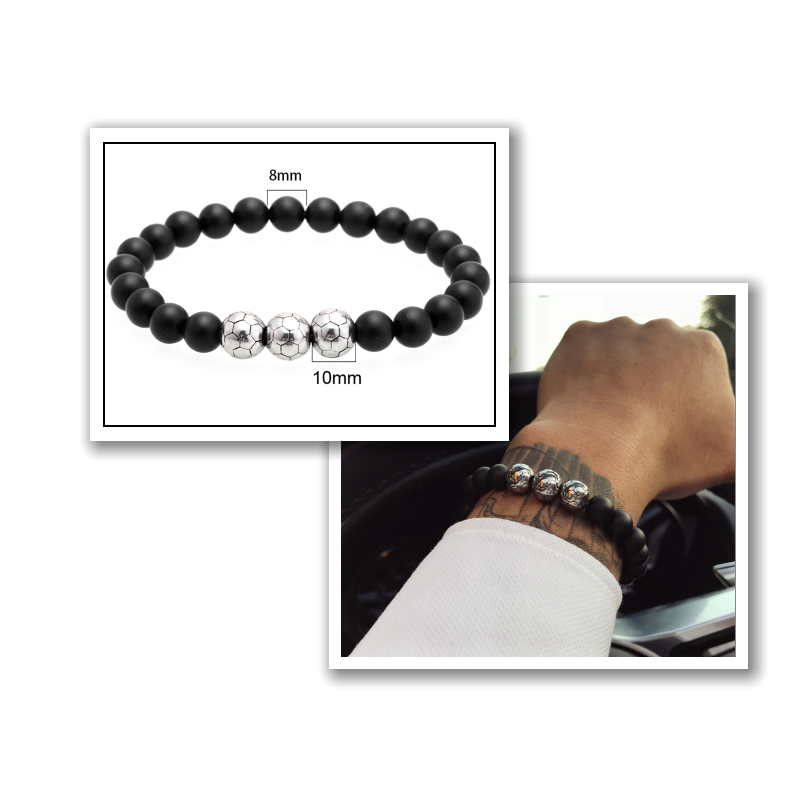 Soccer Ball Silver Beads Bracelet- Black Beads Bracelet