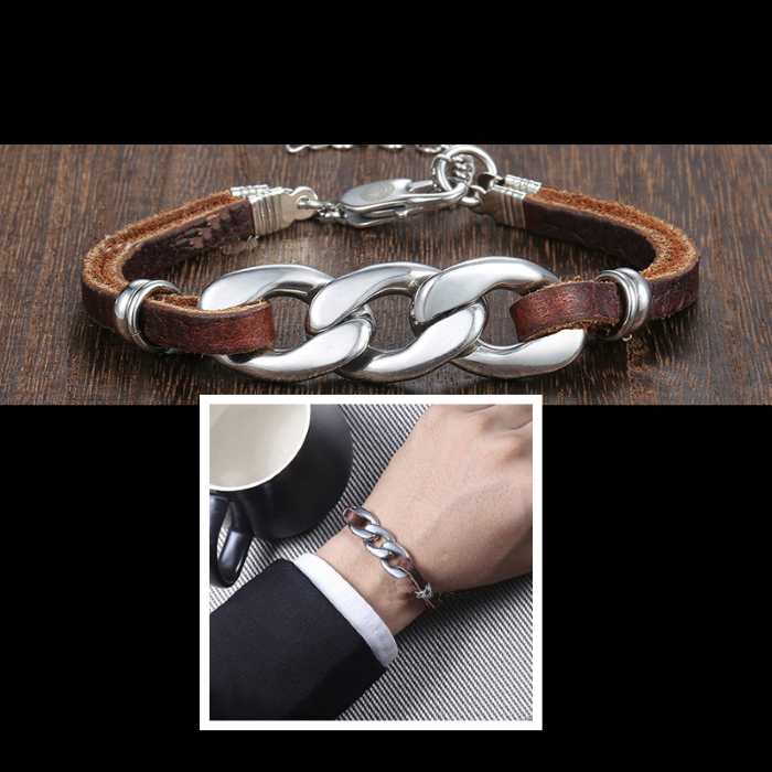 Brown leather chain bracelet for men, men's leather bracelet