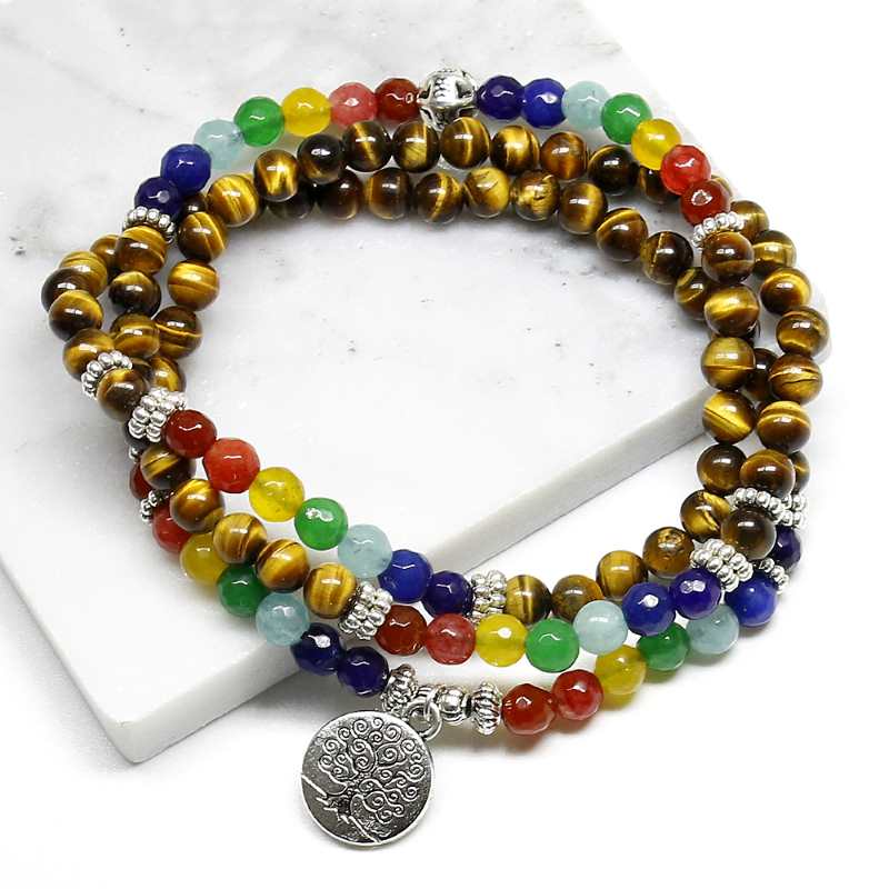 108 Beads 7 Chakra Bracelet- Natural Tiger Eye Beads