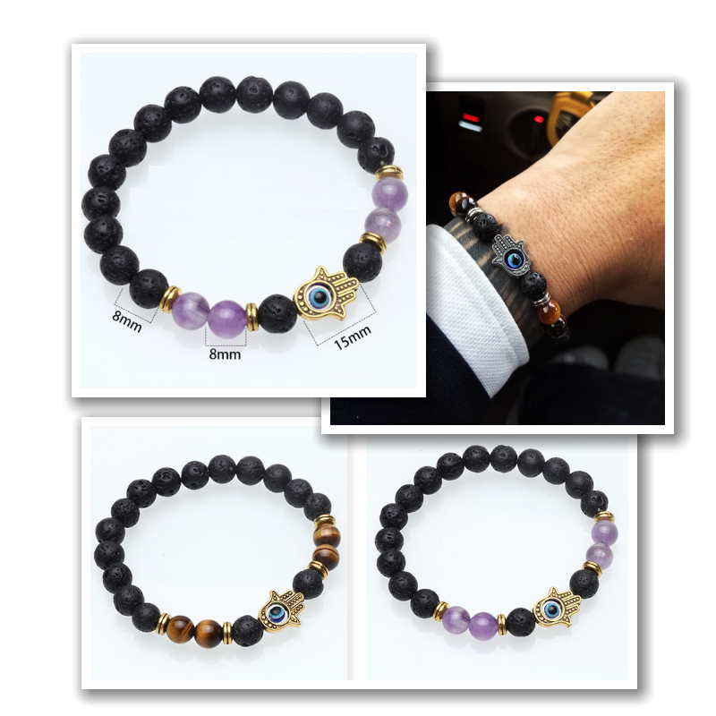 Lucky Hamsa Charm Beads Bracelet - Lava Stone Bracelet