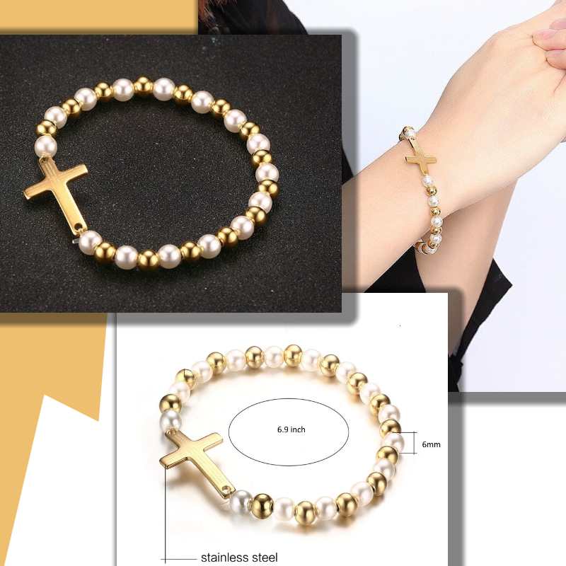Gold-White Pearls Bracelet with a Golden Cross Charm
