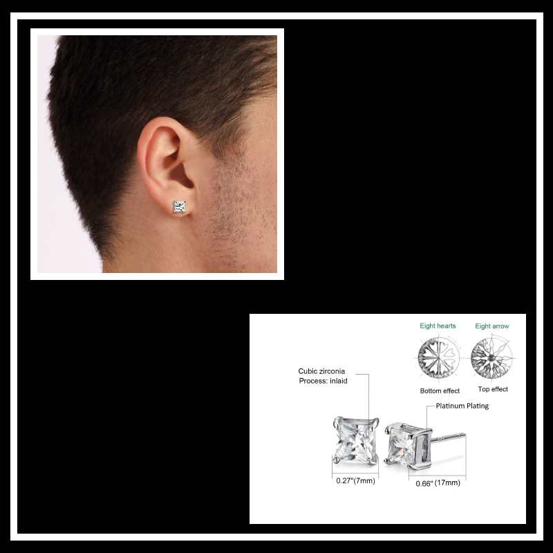 Square Zircon Stud Earrings for Men