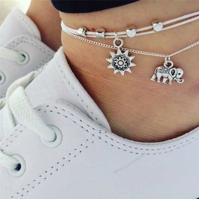 Silver String Anklet, Elephant Charm Ankle Bracelet