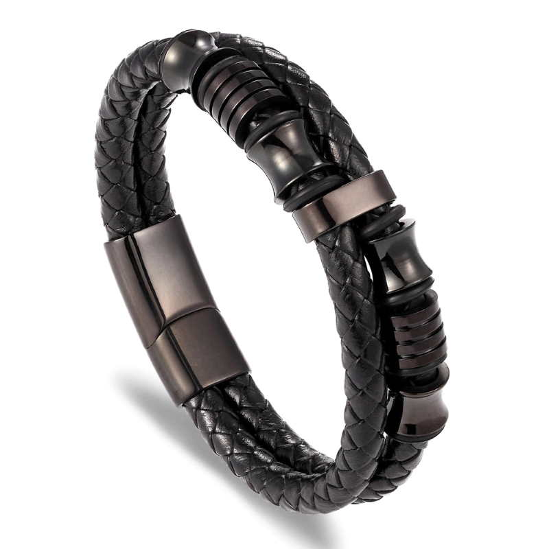 Leather bracelet for men with stainless steel magnetic closure